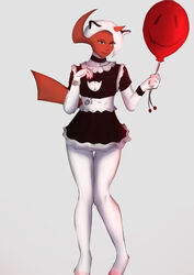  abby_(ballad) absol absurd_res anthro balloon bare_legs black_bottomwear black_clothing black_skirt bottomwear bracelet breasts cleavage cleavage_cutout clothed clothing collar cutout female footprint frilly frilly_clothing front_view full-length_portrait furgonomics generation_3_pokemon green_eyes groundbreaking hair heterochromia hi_res holding_balloon holding_object horn humanoid humanoid_face inflatable jewelry keyhole_clothing lips maid_uniform male_(lore) multicolored_body nintendo paw_pose pawprint pokemon pokemon_(species) pokemon_humanoid pokemorph portrait pose red_body red_face shiny_pokemon simple_background skirt solo standing tail tail_through_skirt uniform white_background white_body xuxin yellow_eyes 