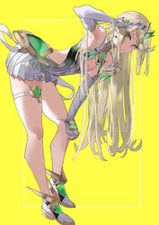  adjusting_hair bare_legs bent_over breasts cleavage_cutout clothing_cutout commentary_request ekitabu_hosii elbow_gloves female full_body gem gloves headpiece highres long_hair looking_at_viewer medium_breasts mythra_(xenoblade) simple_background solo standing thigh_strap tiara xenoblade_chronicles_(series) xenoblade_chronicles_2 yellow_background 