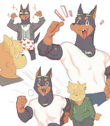  2019 anthro athletic athletic_male bird_dog black_body black_eyes black_fur bow_tie canid canine canis clothing digital_media_(artwork) dobermann domestic_dog duo eyewear fur gesture glasses golden_retriever hand_gesture heart_clothing heart_symbol heart_underwear hoodie hunting_dog jacket jewelry kaeritai07 kemono kenji_(ziroro326) long_neck male mammal multicolored_body multicolored_fur multiple_images necklace pinscher pointing pointing_at_self retriever running shaded solo_focus sunglasses thumbs_up tired topwear two_tone_body two_tone_fur underwear 