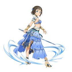  armor blue_armor blue_eyes breasts brown_hair female full_body headpiece highres holding holding_sword holding_weapon looking_at_viewer looking_back medium_breasts official_alternate_costume official_art ronye_arabel short_hair simple_background solo sword sword_art_online sword_art_online:_alicization sword_art_online:_memory_defrag weapon white_background 