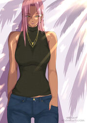  alternate_costume artist_name bad_id bad_pixiv_id black_sweater breasts casual cowboy_shot dark-skinned_female dark_skin denim earrings eyes_visible_through_hair female from_side gold hand_in_pocket highres ingrid_(taimanin_murasaki) jeans jewelry kairaku_namakikurage large_breasts long_hair looking_at_viewer mole mole_under_mouth necklace pants pink_hair sleeveless sleeveless_sweater small_head solo standing sweater taimanin_(series) taimanin_murasaki yellow_eyes 