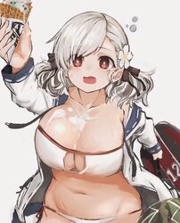  between_breasts bikini black_ribbon blush breasts cleavage cleavage_cutout clothing_cutout commentary eyepatch_bikini female flower food food_between_breasts food_on_face fuyu_yafunu girls&#039;_frontline grey_background hair_flower hair_ornament hair_ribbon holding holding_food ice_cream ice_cream_cone jacket large_breasts long_sleeves looking_at_viewer navel open_clothes open_jacket open_mouth red_eyes ribbon shield short_twintails simple_background solo spas-12_(girls&#039;_frontline) spas-12_(midsummer_fruit)_(girls&#039;_frontline) stomach strapless strapless_bikini suggestive_fluid swimsuit twintails white_background white_bikini white_flower 