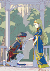  1boy blonde_hair blue_dress blue_eyes blue_headwear blue_shirt circlet closed_eyes commentary dress earrings female fingerless_gloves gazebo gloves jewelry kissing kissing_hand link long_hair looking_at_another master_sword on_one_knee pointy_ears princess_zelda royal_guard_set_(zelda) sad shirt straight tetora_(ttr2011) the_legend_of_zelda the_legend_of_zelda:_breath_of_the_wild tree white_footwear white_gloves 