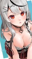  black_hair blue_background blush breasts camisole choker cleavage collarbone esc1_2d female grey_hair hair_ornament hairpin highres hololive large_breasts light_blush multicolored_hair multiple_hairpins orange_eyes parted_lips pleated_skirt red_skirt sakamata_chloe sakamata_chloe_(1st_costume) skirt solo streaked_hair virtual_youtuber white_background white_camisole x_hair_ornament 