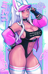  abs animal_ears artist_name boku_no_hero_academia breasts collar cowboy_shot dark-skinned_female dark_skin female fingerless_gloves gloves grey_hair heart highres iahfy large_breasts leotard long_hair looking_at_viewer mirko mole muscular muscular_female navel open_mouth patreon_username pink_eyes ponytail rabbit_ears rabbit_girl solo teeth thighhighs twitter_username underboob very_long_hair watermark 