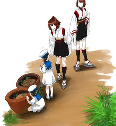  4girls bad_id bad_twitter_id black_hair brown_hair daitou_(kancolle) dress full_body grass hat hiburi_(kancolle) hyuuga_(kancolle) hyuuga_kai_ni_(kancolle) ise_(kancolle) ise_kai_ni_(kancolle) kantai_collection long_sleeves multiple_girls no_mouth nontraditional_miko okobo open_mouth plant ponytail pot potted_plant ribbon-trimmed_sleeves ribbon_trim sailor_collar sailor_dress sandals short_sleeves skirt squatting standing sweat tsukatsuka wide_sleeves 