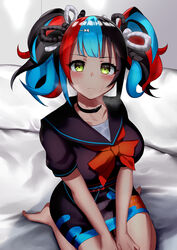  bad_id bad_pixiv_id black_collar black_hair black_sailor_collar black_serafuku black_shirt black_skirt blue_hair blush bow bowtie breasts choker collar fate/grand_order fate_(series) female green_eyes heavy_breathing highres hirunagi large_breasts long_hair looking_at_viewer multicolored_hair on_bed red_bow red_bowtie red_hair sailor_collar school_uniform sei_shounagon_(fate) serafuku shirt sitting skirt solo sweat twintails wariza 