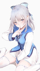  absurdres between_legs blue_bow blue_vest blunt_bangs blush bow braid breasts chunithm commentary_request covered_mouth feet_out_of_frame female finger_to_mouth french_braid grey_hair hairbow hand_between_legs hand_up highres hito_komoru_(style) irodorimidori kisaragi_yaya kobotoke_nagi long_hair long_sleeves looking_at_viewer purple_eyes simple_background sitting small_breasts solo thighhighs vest wariza white_background white_thighhighs 