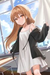  absurdres bare_shoulders blue_sky brown_hair chair classroom cloud curtains desk dress female highres indoors long_hair off_shoulder orange_eyes original parted_lips school_chair school_desk sky solo somyo_(s0my0) white_dress window 