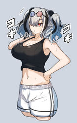  alternate_costume animal_ears arknights asymmetrical_eyewear black_hair black_tank_top breasts cleavage commentary cowboy_shot cropped_legs eyewear_on_head feater_(arknights) female gin_moku grey_background grey_hair hair_between_eyes hair_over_one_eye hand_on_own_hip heterochromatic_eyewear highres large_breasts medium_hair midriff multicolored_hair navel panda_ears red_eyes short_shorts shorts simple_background sleeveless solo sound_effects streaked_hair sunglasses sweat sweatdrop tank_top tinted_eyewear twintails two-tone_hair white_shorts 