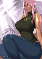  alternate_costume artist_name bad_id bad_pixiv_id black_sweater breasts casual dark-skinned_female dark_skin denim earrings feet_out_of_frame female from_side gold highres ingrid_(taimanin_murasaki) jeans jewelry kairaku_namakikurage large_breasts long_hair looking_at_viewer mole mole_under_mouth necklace pants pink_hair sleeveless sleeveless_sweater solo sweater taimanin_(series) taimanin_murasaki yellow_eyes 