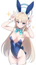  absurdres animal_ears aqua_bow aqua_bowtie armpits arms_up bare_shoulders blonde_hair blue_archive blue_eyes blue_halo blue_leotard blush bow bowtie breasts breasts_apart cleavage covered_navel cowboy_shot detached_collar double_v fake_animal_ears female groin halo highleg highleg_leotard highres kumarang leotard long_hair looking_at_viewer medium_breasts official_alternate_costume parted_lips playboy_bunny plunging_neckline rabbit_ears sideboob simple_background solo sparkle standing straight_hair strapless strapless_leotard thighhighs toki_(blue_archive) toki_(bunny)_(blue_archive) v very_long_hair white_background white_thighhighs wrist_cuffs 