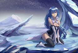  blue_eyes blue_hair cang_yue_(tou_xing_jiuyue_tian) female gloves highres ice long_hair looking_at_viewer night shoes sitting solo thighhighs thighs tou_xing_jiuyue_tian waist_cape white_gloves world_(1257843324) 