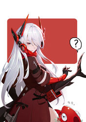  ? alpha_(punishing:_gray_raven) border closed_mouth coat female fish hair_over_one_eye highres huang_(volt0526) long_hair looking_at_viewer lucia:_crimson_abyss_(punishing:_gray_raven) mechanical_arms punishing:_gray_raven red_background red_coat red_eyes red_scarf scarf sheath sleeves_past_elbows solo spoken_question_mark white_border white_hair 