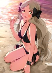  beach bikini black_bikini blush breasts female goshiki_suzu halterneck handa_roco highres holding holding_shell idolmaster idolmaster_million_live! light_brown_hair long_hair looking_at_viewer medium_breasts navel ocean open_mouth outdoors parted_bangs seashell shell side-tie_bikini_bottom sitting smile solo sunset swimsuit thighs wavy_hair wristband yellow_eyes yokozuwari 