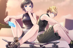  1boy black_hair blonde_hair blue_eyes blurry blurry_background female food gogo_(detteiu_de) hand_on_own_face highres kingdom_hearts kingdom_hearts_358/2_days knees_apart_feet_together looking_at_viewer popsicle roxas short_hair short_shorts shorts sitting skateboard sleeveless smile tank_top xion_(kingdom_hearts) 