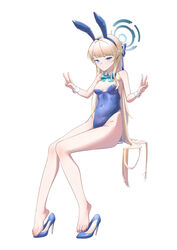  absurdres animal_ears bad_id bad_pixiv_id bare_shoulders barefoot blonde_hair blue_archive blue_eyes blue_footwear blue_halo blue_leotard bow bowtie breasts chan_sang covered_navel detached_collar double_v fake_animal_ears feet female full_body groin halo high_heels highleg highleg_leotard highres legs leotard long_hair looking_at_viewer official_alternate_costume playboy_bunny rabbit_ears shoes simple_background sitting solo strapless strapless_leotard toenails toes toki_(blue_archive) toki_(bunny)_(blue_archive) unworn_shoes v very_long_hair white_background wrist_cuffs 