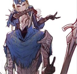  1boy armor artorias_the_abysswalker blonde_hair blue_cape cape dark_souls_(series) dark_souls_i female gauntlets height_difference helmet lord&#039;s_blade_ciaran mask sapysha shoulder_armor sword torn_cape torn_clothes v weapon 