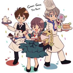  1:1 anthro bandai_namco brown_hair cake chef_hat chef_uniform chibi chiyu1995 clothing dessert digimon digimon_(species) digimon_ghost_game dress female food gammamon grey_hair group hair hat headgear headwear hi_res hiro_amanokawa holding_object human jellymon kiyoshiro_higashimitarai male mammal pancake ruri_tsukiyono serving serving_beverage serving_food serving_tray symbareangoramon waiter 