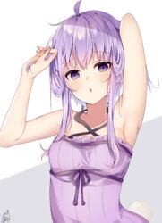  ahoge armpits arms_up bare_arms bare_shoulders blush collarbone commentary criss-cross_halter dress female frilled_dress frills grey_background hair_between_eyes halterneck long_hair looking_at_viewer omuretsu parted_lips purple_dress purple_eyes purple_hair signature solo two-tone_background upper_body vocaloid voiceroid white_background yuzuki_yukari 