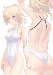  ahoge arm_up artist_name ass backless_swimsuit bare_arms bare_shoulders blonde_hair blush braid breasts collarbone commentary_request competition_swimsuit covered_navel dan_(kumadan) elf female fingernails from_behind highleg highleg_swimsuit highres long_hair looking_at_viewer medium_breasts mole mole_on_leg mole_under_eye multiple_views one-piece_swimsuit original parted_lips pointy_ears ponytail revision shiny_skin signature simple_background skin_tight swimsuit thighs water water_drop wet white_background white_one-piece_swimsuit 