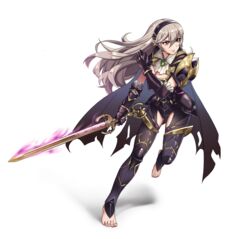  barefoot breasts cleavage cloak corrin_(female)_(fire_emblem) corrin_(female)_(nohr_noble)_(fire_emblem) corrin_(fire_emblem) facing_to_the_side female fire_emblem fire_emblem_fates full_body gloves grey_hair headband highres large_breasts long_hair namu_(112namu) official_alternate_costume red_eyes shoulder_pads simple_background sword weapon 