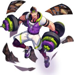  1boy artist_request bad_source bara black_leggings brown_hair bulge dumbbell exercising full_body gyee gym_uniform headband highres hood hooded_jacket huge_weapon jacket lee_(gyee) leggings male_focus muscular muscular_male official_alternate_costume official_art orange_eyes oversized_object pectorals purple_jacket short_hair shorts sleeveless sleeveless_jacket solo transparent_background weapon weightlifting white_shorts 