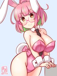  alternate_costume animal_ears artist_logo bare_legs bare_shoulders between_breasts blue_background blush breasts cleavage cowboy_shot dated detached_collar fake_animal_ears fake_tail female glasses gradient_background green_hair kanon_(kurogane_knights) kantai_collection large_breasts leotard multicolored_hair necktie necktie_between_breasts one-hour_drawing_challenge pink-framed_eyewear pink_hair pink_leotard playboy_bunny rabbit_ears rabbit_tail red_eyes short_hair smile solo strapless strapless_leotard streaked_hair tail tray ume_(kancolle) wrist_cuffs 