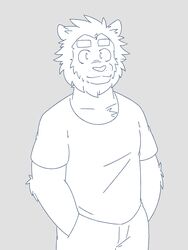  3:4 absurd_res anthro arm_tuft bottomwear clothing digital_drawing_(artwork) digital_media_(artwork) elbow_tuft felid hand_in_pocket hi_res hoss_(password) lion looking_at_viewer male mammal mane mrjosh47 neck_tuft pantherine password_(visual_novel) pockets solo standing topwear tuft 