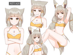  anger_vein animal_ears arm_behind_head bikini cat_ears chest_jewel chirun0 facial_mark feet_out_of_frame female flat_chest grey_hair grin highres long_hair looking_at_viewer low_ponytail multiple_views navel nia_(blade)_(xenoblade) nia_(xenoblade) short_hair simple_background smile spoilers swimsuit upper_body very_long_hair white_background xenoblade_chronicles_(series) xenoblade_chronicles_2 yellow_bikini yellow_eyes 