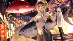  :d amaichi_esora animal armband bag bandaid bandaid_on_face bare_shoulders bikini bikini_top_only black_armband black_coat blonde_hair blue_eyes breasts cleavage coat collarbone commentary_request cowboy_shot ear_piercing female fish food_stand gloves goddess_of_victory:_nikke hair_between_eyes highres holding holding_animal holding_bag holding_fish looking_at_viewer maxwell_(nikke) mechanical_legs medium_breasts navel night official_art open_mouth outdoors oversized_animal piercing science_fiction sea_bream short_hair_with_long_locks sidelocks smile solo standing stomach string_of_flags swimsuit teeth tuna upper_teeth_only visor_cap white_bikini 