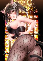  animal_ears ass bare_arms bare_shoulders black_hair black_leotard breasts brown_pantyhose cat_ears cat_girl cat_tail commission female final_fantasy final_fantasy_xiv fishnet_pantyhose fishnets flower grey_hair hair_between_eyes hair_flower hair_ornament large_breasts leotard looking_at_viewer looking_back miqo&#039;te pantyhose ponytail skeb_commission solo sorai_shin&#039;ya stained_glass strapless strapless_leotard tail warrior_of_light_(ff14) white_flower 