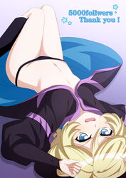  black_panties black_socks blonde_hair blue_eyes blush breasts carol_malus_dienheim commentary_request female highres kneehighs looking_at_viewer miona_yui mole mole_under_eye navel open_mouth panties senki_zesshou_symphogear short_hair simple_background small_breasts socks solo underwear white_background 