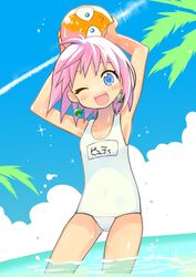  ;d armpits arms_up beauty_(bobobo-bo_bo-bobo) blue_eyes blush bobobo-bo_bo-bobo breasts cloud collarbone covered_navel don_patch earrings female highres iiimaki jewelry looking_at_viewer one-piece_swimsuit one_eye_closed open_mouth outdoors pink_hair small_breasts smile swimsuit white_one-piece_swimsuit 