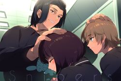  2boys ^_^ ahoge amatori_chika azuma_haruaki black_eyes black_hair blush bob_cut brown_hair ceiling closed_eyes dutch_angle echo_(circa) ema_yuzuru english_text female from_below frown green_eyes hand_on_another&#039;s_head happy headpat indoors long_sleeves multiple_boys profile short_hair smile world_trigger 