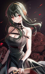  bare_shoulders black_dress black_gloves black_hair black_thighhighs breasts cleavage dagger dress duplicate emyo female fingerless_gloves floral_background flower gloves gold_hairband hair_flower hair_ornament hairband highres knife large_breasts long_hair looking_at_viewer pixel-perfect_duplicate red_eyes rose sidelocks solo spy_x_family thighhighs thighs two-sided_dress two-sided_fabric weapon yor_briar 