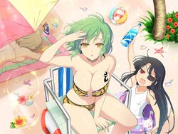  3girls :o arm_up ball beach beach_towel beach_umbrella beachball bikini black_hair blonde_hair bottle breasts cleavage commentary conch day english_commentary eyepatch flat_chest flower green_hair hair_ribbon hand_in_own_hair hand_on_own_head haruka_(senran_kagura) hibiscus highres hikage_(senran_kagura) innertube large_breasts lifeguard_chair long_hair looking_at_viewer lotion lying mirai_(senran_kagura) multiple_girls official_art on_stomach one-piece_swimsuit open_mouth outdoors palm_tree petals red_eyes red_flower ribbon sand senran_kagura senran_kagura_new_link shell short_hair sitting standing starfish sunscreen swim_ring swimsuit tattoo third-party_source towel tree umbrella water_bottle white_one-piece_swimsuit yaegashi_nan yellow_eyes yellow_flower 