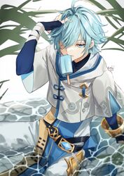  1boy aodake_(winter1517) blue_eyes blue_hair chinese_clothes chongyun_(genshin_impact) food food_in_mouth genshin_impact hand_in_own_hair highres in_water male_focus partially_submerged popsicle popsicle_in_mouth sitting solo 