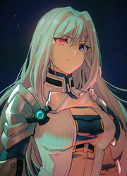  armor blue_eyes breast_tattoo breasts cleavage cleavage_cutout clothing_cutout ethel_(xenoblade) female fuwamoko_momen_toufu heterochromia highres large_breasts light_brown_hair long_hair red_eyes shoulder_armor solo tattoo very_long_hair xenoblade_chronicles_(series) xenoblade_chronicles_3 