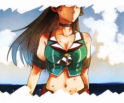  black_choker black_hair breasts choker choukai_(kancolle) choukai_kai_ni_(kancolle) cleavage cloud commentary_request crop_top day female glasses highres kantai_collection large_breasts long_hair midriff oeoeuhoho opaque_glasses outdoors parted_lips sky sleeveless solo sweat 