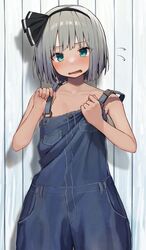  absurdres black_hairband black_ribbon blush bob_cut breasts denim female green_eyes grey_hair hair_ribbon hairband highres konpaku_youmu mamemochi no_shirt overalls oversized_clothes ribbon short_hair simple_background small_breasts solo touhou wavy_mouth white_background 