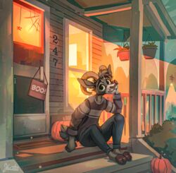  2_horns anthro auburn_(auburnthegoat) autumn big_eyes bovid building caprine clothing food fruit fur goat grey_body grey_fur halloween happy hi_res holidays horn house jacato male mammal outside plant porch pumpkin solo sweater topwear warm_colors 