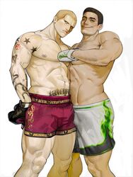  2boys abs arm_hair arm_tattoo armpit_hair armpit_hair_peek bara black_hair blonde_hair bouseded boxing_gloves chest_hair chris_redfield closed_mouth facial_hair hairy highres jack_krauser large_pectorals male_focus mature_male multiple_boys muscular muscular_male navel navel_hair nipples one_eye_closed pectorals red_shorts resident_evil resident_evil_1 resident_evil_4 resident_evil_4_(remake) short_hair shorts simple_background smile sparse_navel_hair sparse_stubble stubble tattoo thick_arm_hair thick_thighs thighs topless_male white_background white_shorts wrestling_outfit yaoi 