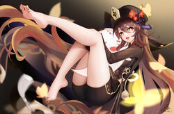  bare_legs barefoot black_hat black_nails boo_tao_(genshin_impact) brown_hair brown_shirt brown_shorts chinese_commentary coattails commentary_request feet female flower flower-shaped_pupils full_body genshin_impact ghost hair_between_eyes hat hat_flower highres hu_tao_(genshin_impact) hug liu_liaoliao long_hair long_sleeves looking_at_viewer nail_polish open_mouth red_eyes red_flower shirt short_shorts shorts signature soles solo symbol-shaped_pupils tassel toenail_polish toenails toes twitter_username very_long_hair 