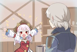  1boy :d arms_up breasts brown_headwear commentary_request cup dress female fiora_ariete glasses grey_hair grey_jacket highres holding holding_cup indoors jacket long_hair long_sleeves mug original outstretched_arms paffendorf pink_hair ponytail puffy_long_sleeves puffy_sleeves red_dress red_eyes sekira_ame shirt small_breasts smile white_shirt 