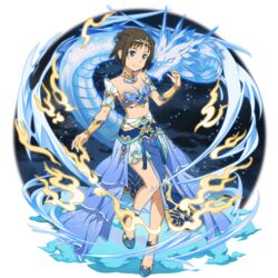  armor bare_shoulders blue_armor blue_eyes blue_theme breasts brown_hair cleavage closed_mouth dragon eastern_dragon energy female full_body hand_up headpiece highres medium_breasts official_alternate_costume official_art ronye_arabel short_hair smile sword_art_online sword_art_online:_alicization sword_art_online:_memory_defrag transparent_background 