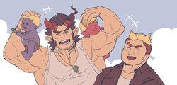  4boys armpits baby bara bare_arms bare_shoulders biceps blonde_hair blue_hair blush broken_horn colored_skin dark_blue_hair demon_boy demon_horns facial_hair fiery_horns gouki_(housamo) hair_horns horns jewelry large_pectorals long_sideburns male_focus medium_hair multiple_boys muscular muscular_male necklace on_shoulder pectoral_cleavage pectorals purple_skin red_skin rybiok scar scar_on_neck shirt short_hair sideburns sidepec smile stubble takemaru_(housamo) thick_eyebrows tohno_motosumi tokyo_afterschool_summoners torn_clothes torn_shirt undercut upper_body white_shirt zenki_(housamo) 