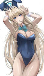  absurdres animal_ears armpits arms_up blonde_hair blue_archive blue_eyes blue_halo blue_leotard bow bowtie breasts detached_collar double_v elvandec fake_animal_ears female halo highleg highleg_leotard highres leotard long_hair looking_at_viewer medium_breasts official_alternate_costume parted_lips playboy_bunny rabbit_ears sideboob solo strapless strapless_leotard thighs toki_(blue_archive) toki_(bunny)_(blue_archive) v very_long_hair white_background wrist_cuffs 