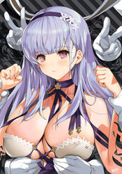  absurdres artist_name azur_lane bare_shoulders blush breasts cleavage criss-cross_halter dido_(anxious_bisque_doll)_(azur_lane) dido_(azur_lane) disembodied_hand double_v dress female gloves hair_ornament hairband halter_dress halterneck highres large_breasts long_dress looking_at_viewer multiple_hands nike_(nike1060) official_alternate_costume photoshop_(medium) purple_dress purple_hair purple_hairband skindentation v white_gloves 