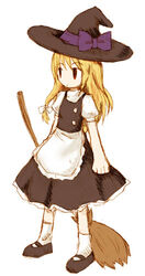  :o apron black_dress black_footwear blonde_hair bow braid broom buttons dorua_(dollar) dress female frilled_dress frills hairbow hat hat_bow kirisame_marisa long_hair lowres mary_janes puffy_sleeves purple_bow purple_ribbon red_eyes ribbon shoes short_sleeves simple_background socks solo touhou waist_apron white_background white_bow white_socks witch_hat yoshida_akihiko_(style) 